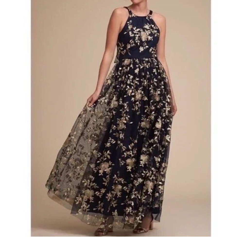 BHLDN Antonia Navy Maxi Dress with Gold Floral Embroidery